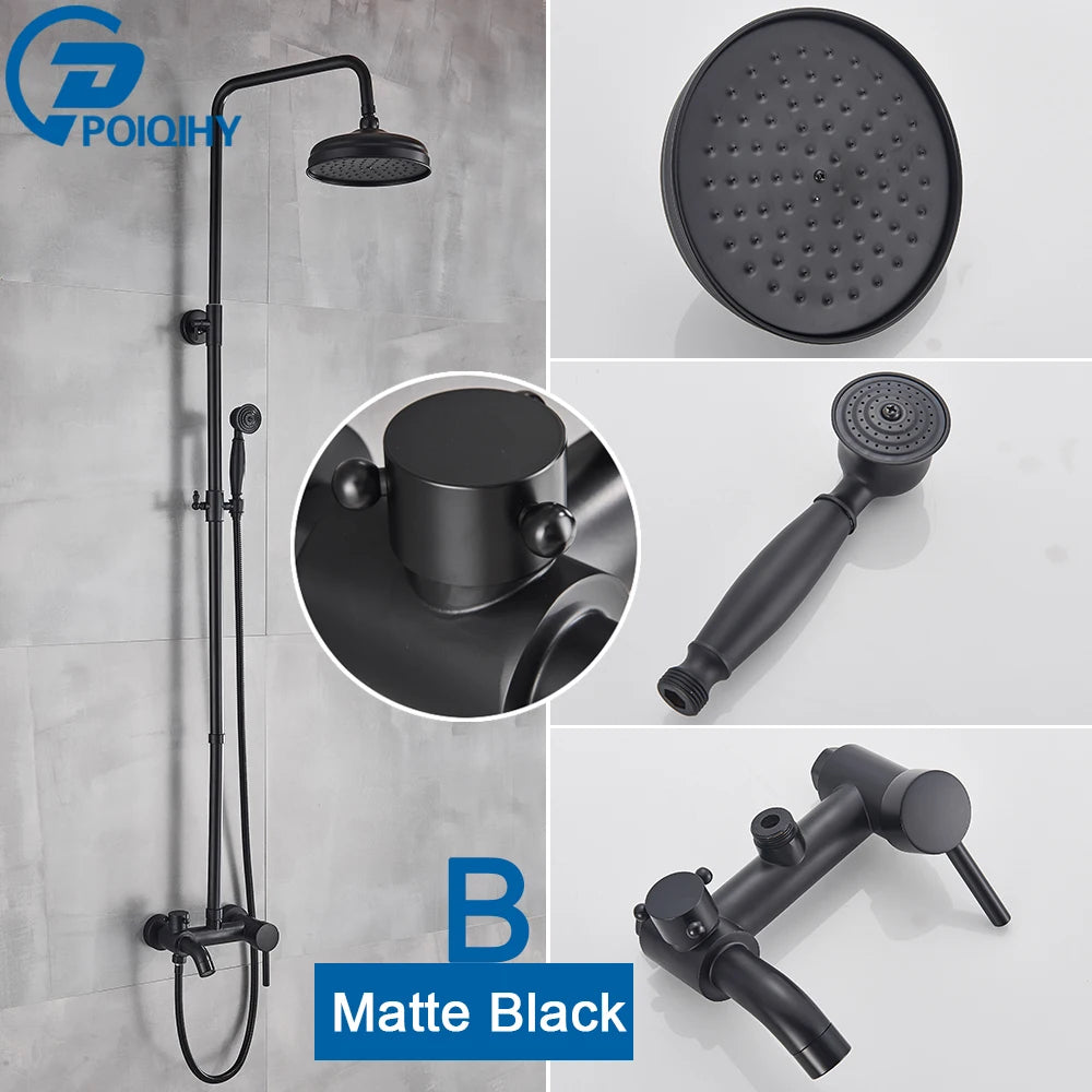 POIQIHY ORB Black Bathroom Shower Faucet In Wall 8" Rainfall Brass Shower Set Mixer Tap Tub Spout Bath Shower Set Dual Handles