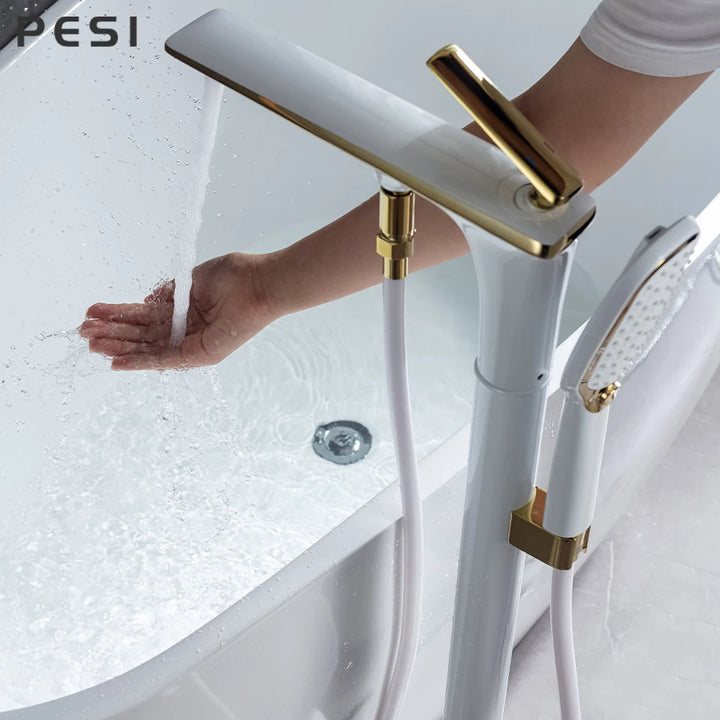 White and Gold Floor Mounted Bathtub Faucet Freestanding Tub Mixer Crane with Handshower Floor Mounted Claw Foot.