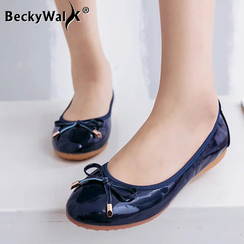 spring shallow mouth shoes women flat bottom wild bow patent leather scoop shoes round toe WSH2511