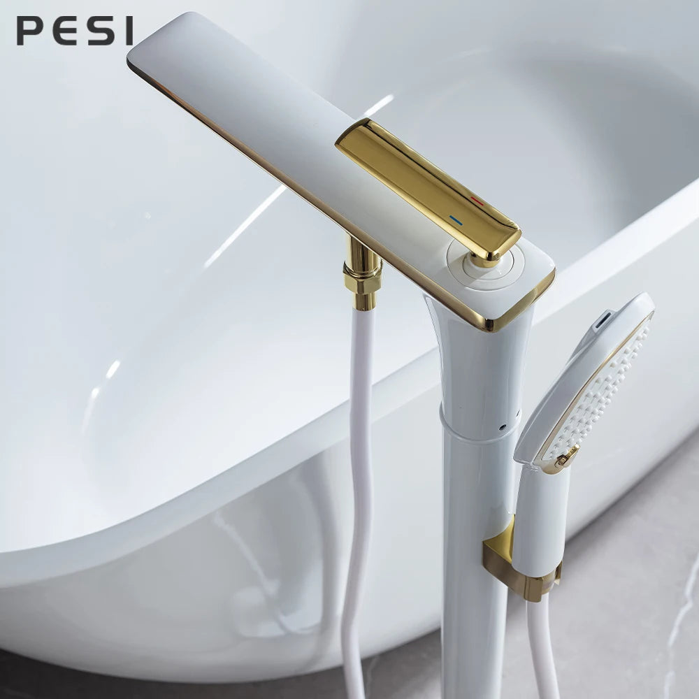 White and Gold Floor Mounted Bathtub Faucet Freestanding Tub Mixer Crane with Handshower Floor Mounted Claw Foot.