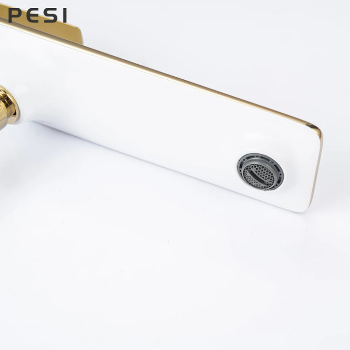 White and Gold Floor Mounted Bathtub Faucet Freestanding Tub Mixer Crane with Handshower Floor Mounted Claw Foot.