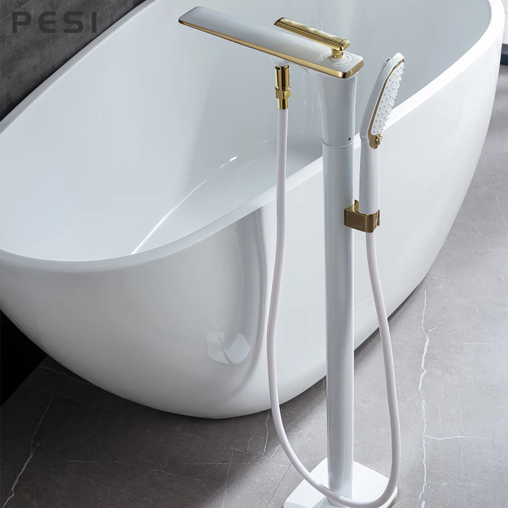 White and Gold Floor Mounted Bathtub Faucet Freestanding Tub Mixer Crane with Handshower Floor Mounted Claw Foot.