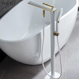 White and Gold Floor Mounted Bathtub Faucet Freestanding Tub Mixer Crane with Handshower Floor Mounted Claw Foot.