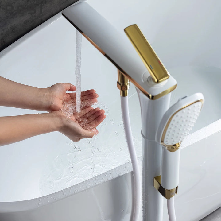 White and Gold Floor Mounted Bathtub Faucet Freestanding Tub Mixer Crane with Handshower Floor Mounted Claw Foot.