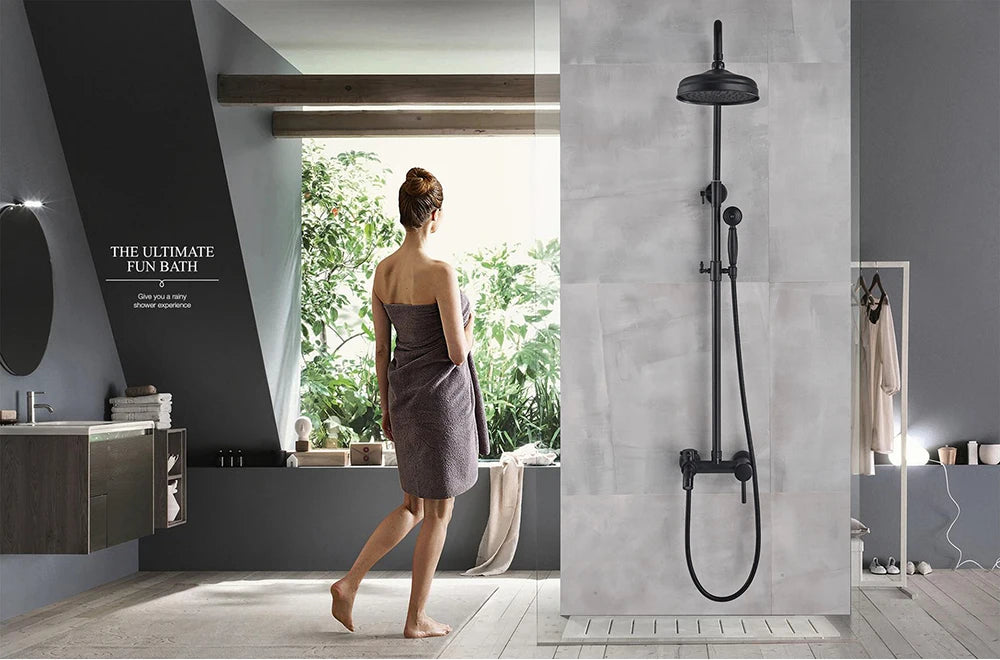 POIQIHY ORB Black Bathroom Shower Faucet In Wall 8" Rainfall Brass Shower Set Mixer Tap Tub Spout Bath Shower Set Dual Handles