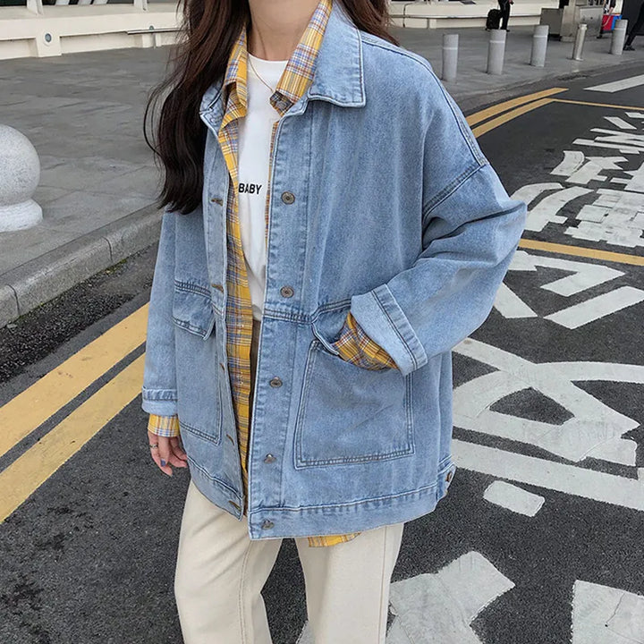 2 colors Women's casual Jean Coats 2023 autumn Women loose Denim Jacket Long Sleeve Loose Female Girls Outwear Oversize (78228)