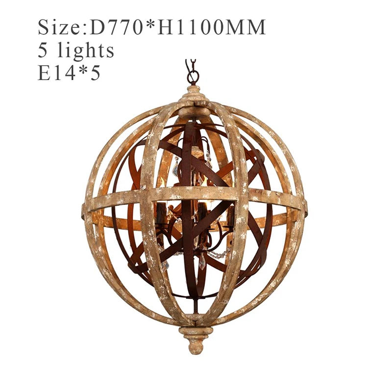 Globe Wood Chandelier Bedroom Living Room Hanging Lights Antique Round Sphere Wooden Chandelier