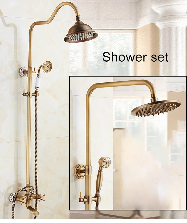 Antique Rain Shower Faucets Set with Hand Brass Wall Mounted Shower Mixer for Bathroom Bath Luxury Rainfall Shower Set EL4006T