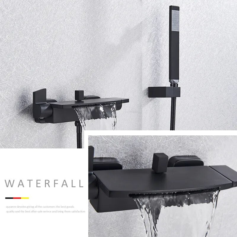 Quyanre Black Waterfall Bathtub Shower Faucets Wall Mount Shower Mixer Tap Faucets Hot Cold Bath Shower Tap BaRobinet Baignoire