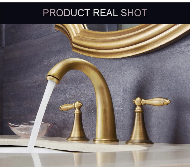 ELLEN Antique Bronze Bath Sink Faucet Double Handle Basin Sink Faucet Hot and Cold Water Mixer 3 Hole Bathroom Faucet ELF8001-3