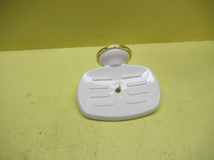 White Enamel Soap Holder with Gold Band 55H x 115W x 100D
