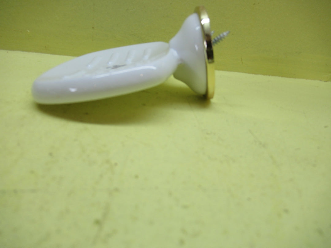 White Enamel Soap Holder with Gold Band 55H x 115W x 100D