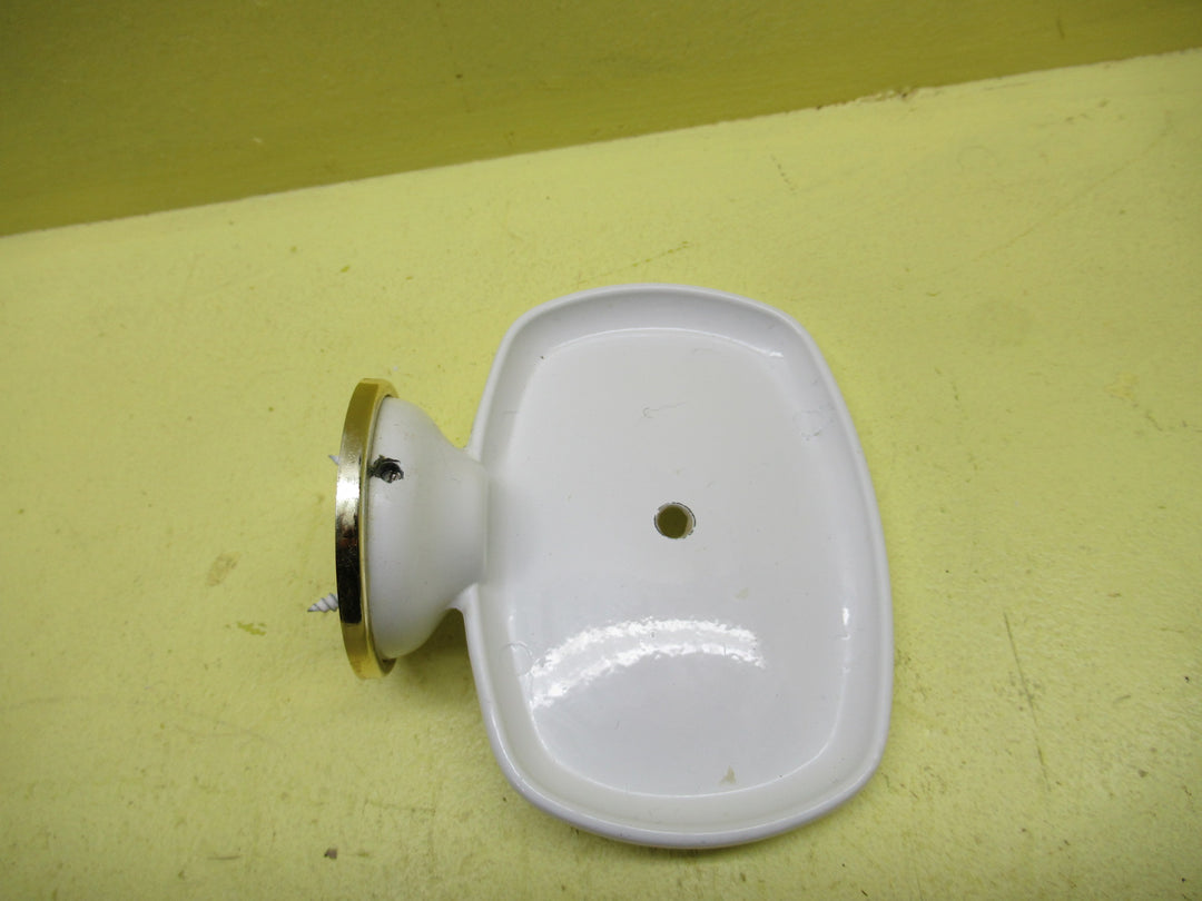 White Enamel Soap Holder with Gold Band 55H x 115W x 100D