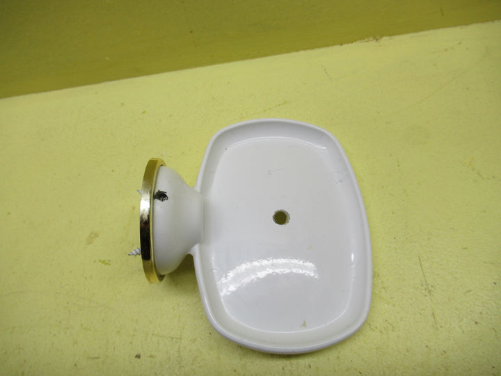 White Enamel Soap Holder with Gold Band 55H x 115W x 100D