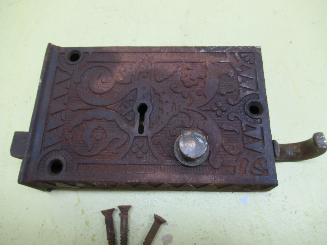 Ornate Cast Iron Rim Lock from Sargetn & Co with Brass Thumb Pull and Screws 89-98H x 145W x 25D