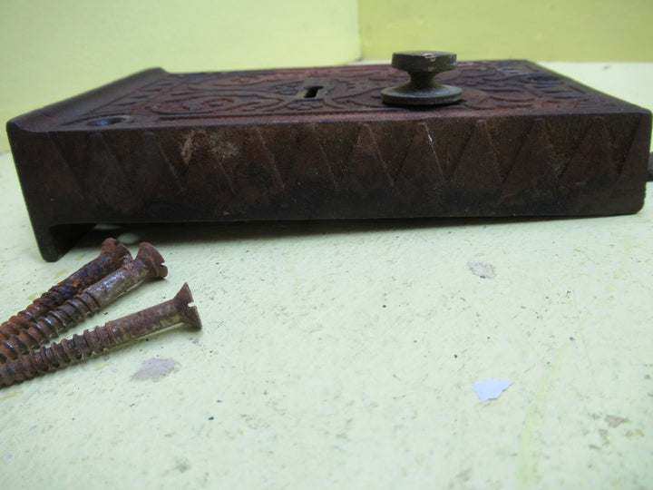 Ornate Cast Iron Rim Lock from Sargetn & Co with Brass Thumb Pull and Screws 89-98H x 145W x 25D