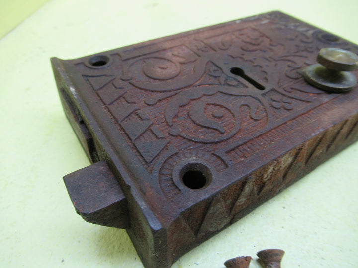 Ornate Cast Iron Rim Lock from Sargetn & Co with Brass Thumb Pull and Screws 89-98H x 145W x 25D