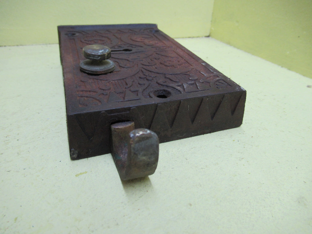 Ornate Cast Iron Rim Lock from Sargetn & Co with Brass Thumb Pull and Screws 89-98H x 145W x 25D