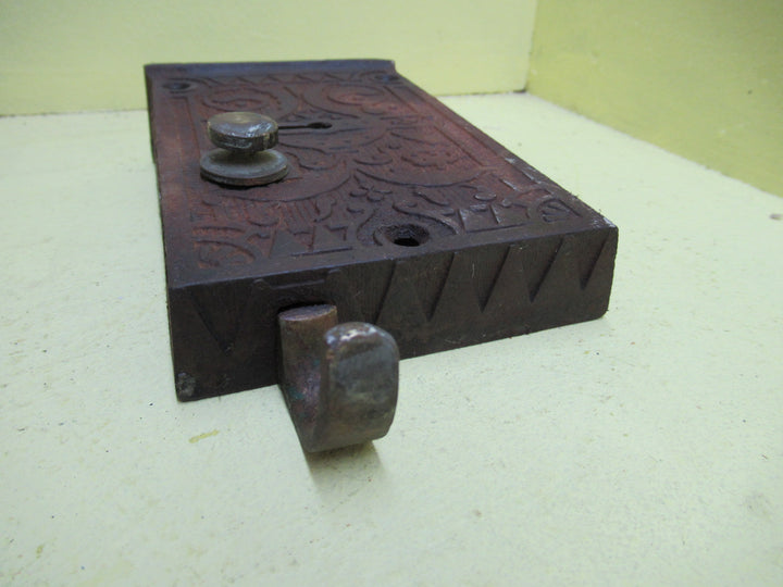 Ornate Cast Iron Rim Lock from Sargetn & Co with Brass Thumb Pull and Screws 89-98H x 145W x 25D