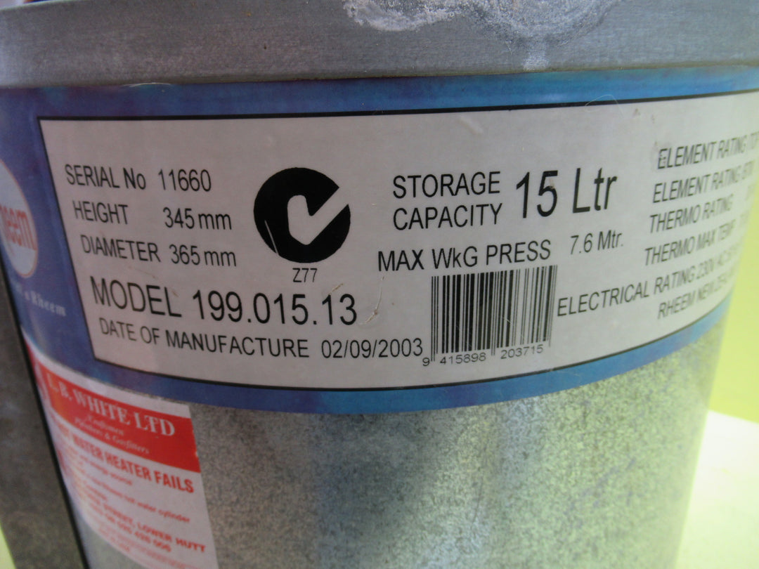 Rheem Low Pressure 15 Ltr Pre Wired Electric Indoor water Heater 345H x 365W