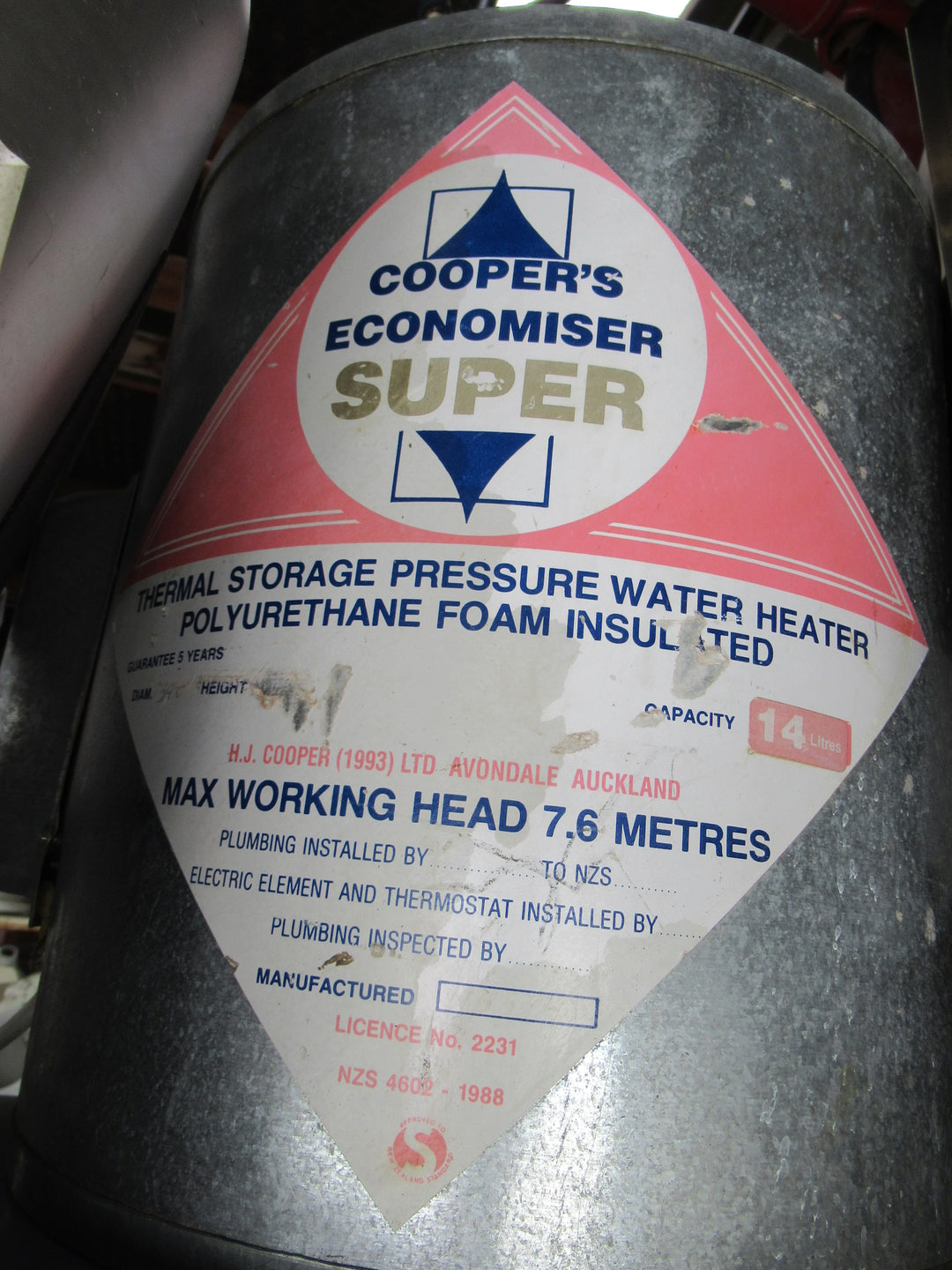 Coopers Economiser Super 14 Ltr Hot Water Heater Low Pressure 365H x 345Dia