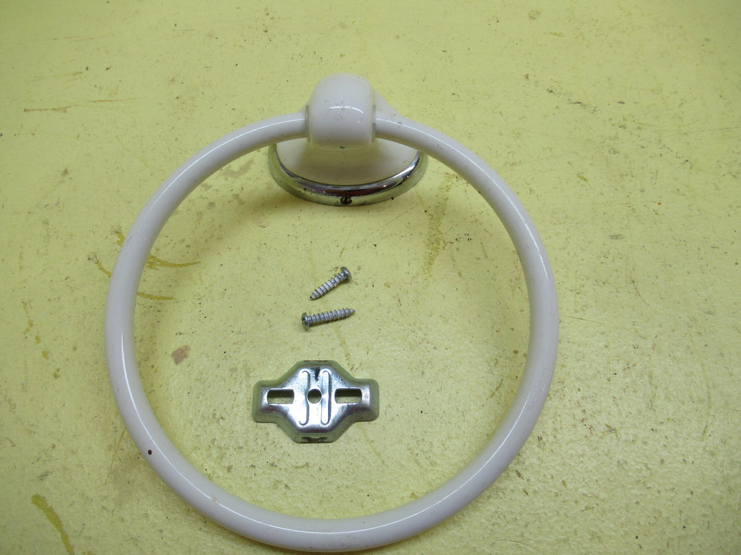 Off White Enamel Towerl Holder with Oval Plate with Chrome Ring 52H x 72W x 50Dia/Ring 155