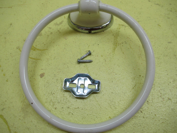Off White Enamel Towerl Holder with Oval Plate with Chrome Ring 52H x 72W x 50Dia/Ring 155