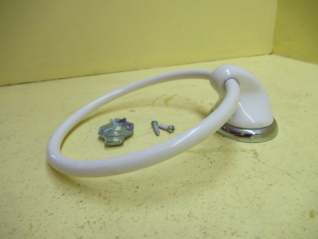 Off White Enamel Towerl Holder with Oval Plate with Chrome Ring 52H x 72W x 50Dia/Ring 155
