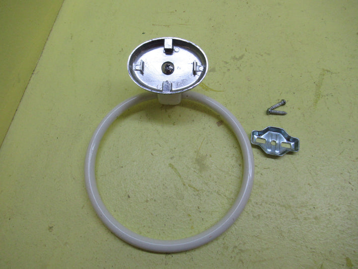 Off White Enamel Towerl Holder with Oval Plate with Chrome Ring 52H x 72W x 50Dia/Ring 155