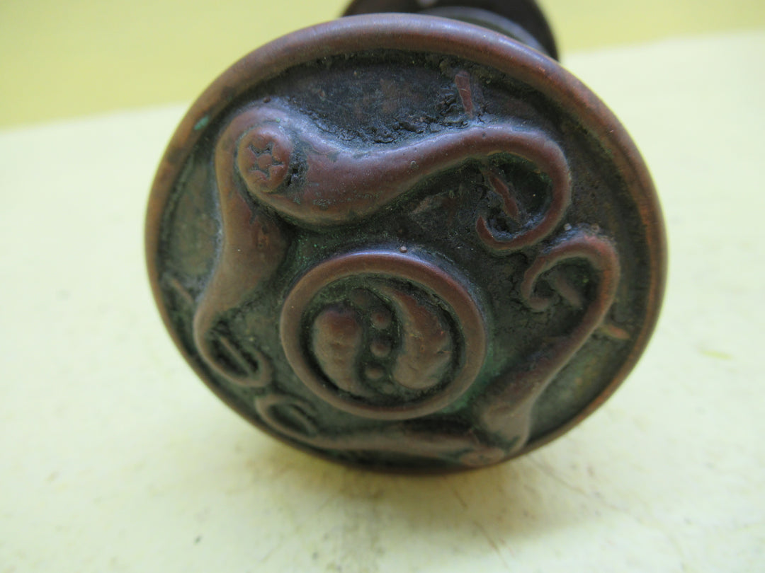 Victorian Antique Bronze Double Moustache detail Stepped Round Knob/Plate Handle 60Dia x 55H