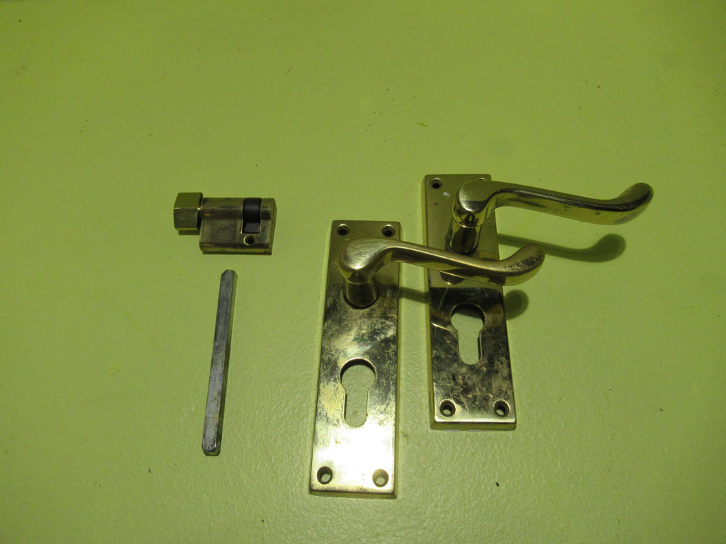 Brass Rectangle Lever Handle with European Key Hole & Thumb Turn Lock no Key 150L x 43W/96L x 55W