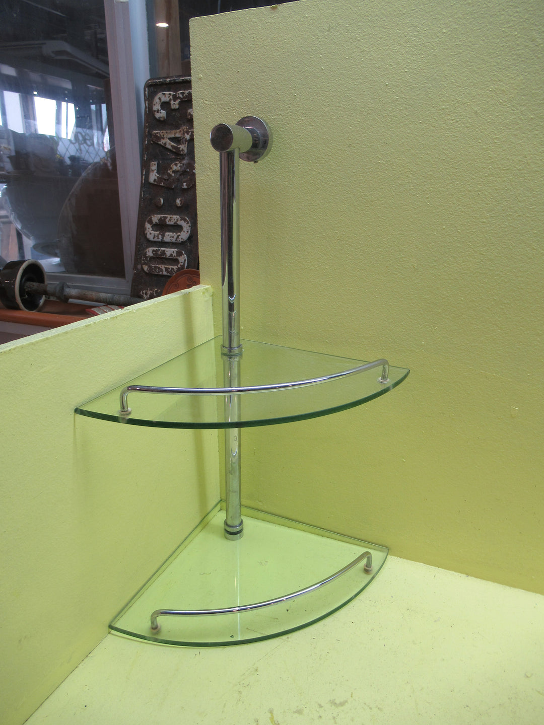 Double Shelf Glass & Stainless Steel Shower Caddy(New) 27 Half Round SQ Glass x 47H