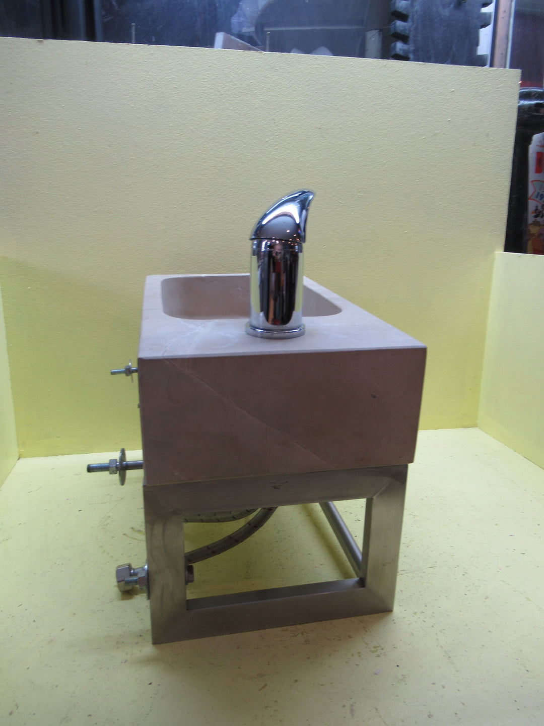 Polish/Bare Concrete Powder Room Wall Ung Basin wtih Mixer & Towel Rail Basin 250H x 400W x 220D/Tap 120H x 50Dia/Spot 80L