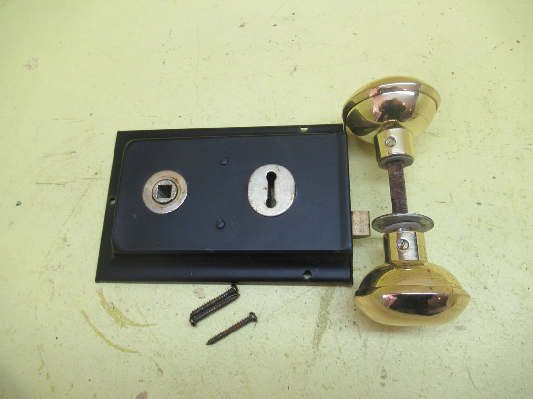 Modern Skirted Rim Lock and Hollow Brass Effect Handle 150L x 105H x 25D/Handle 45H  x 55D