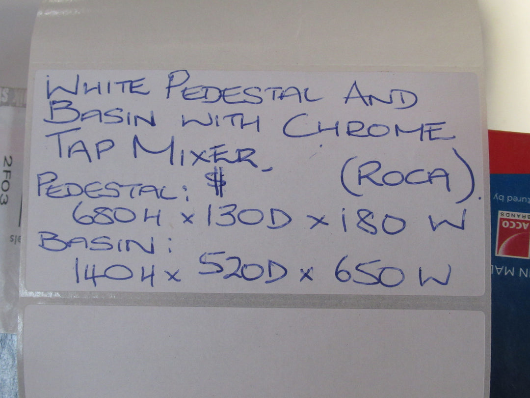 White Pedestal & Basin with Chrome Tap Mixer (Roca) Basin 140H x 520D x 650W