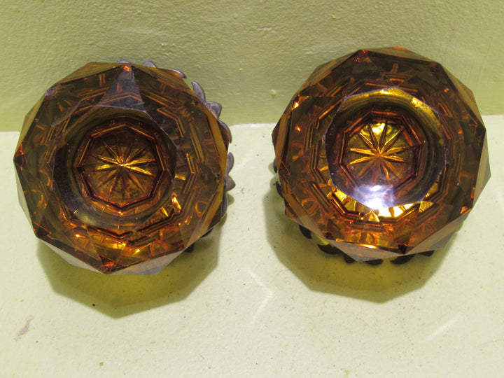 Gothic Style Amber Glass Pull Door Knob with Lacy Brass Plate 70H x 70W x 60D