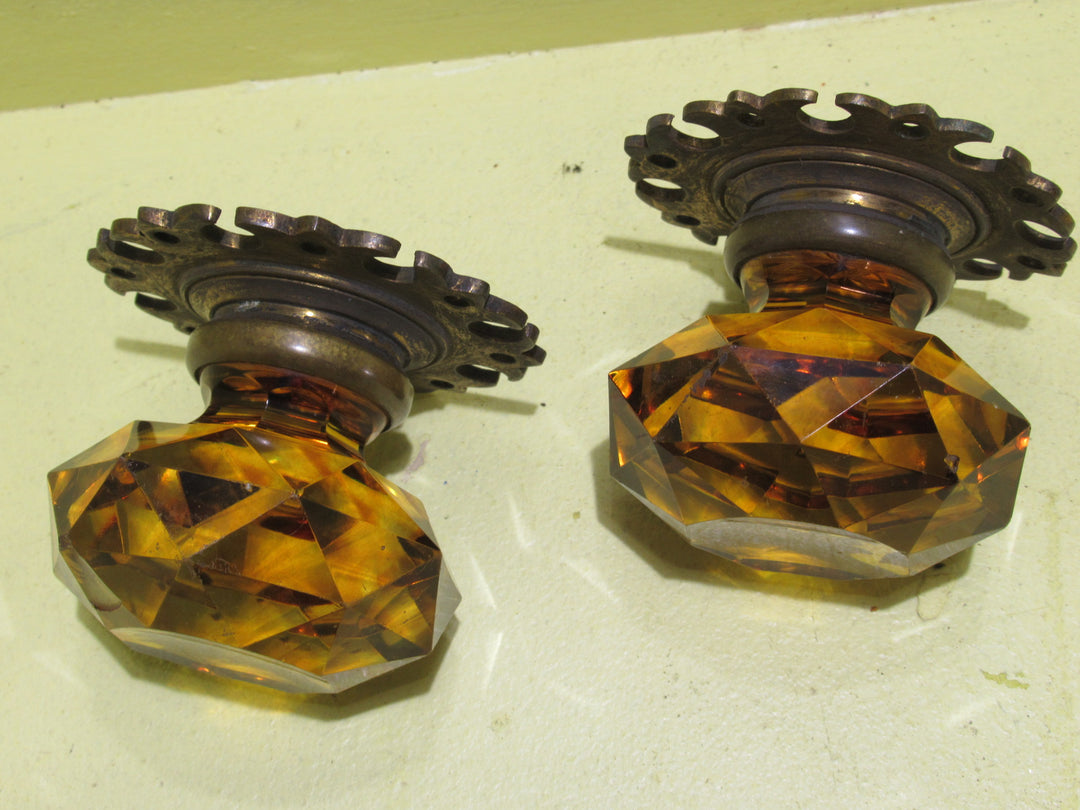 Gothic Style Amber Glass Pull Door Knob with Lacy Brass Plate 70H x 70W x 60D