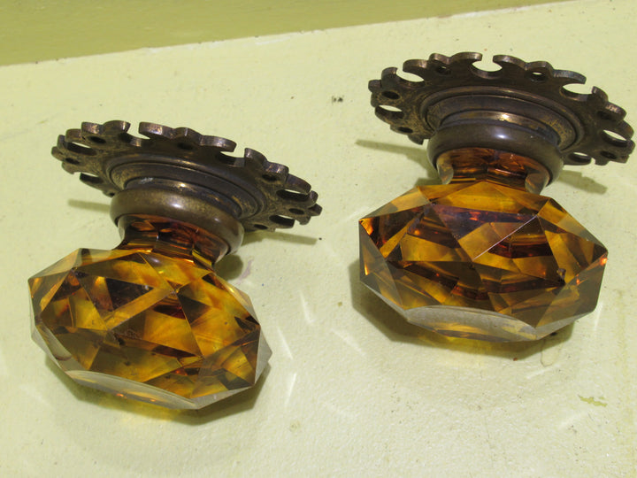 Gothic Style Amber Glass Pull Door Knob with Lacy Brass Plate 70H x 70W x 60D