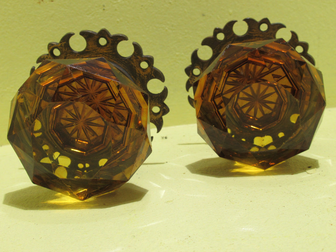 Gothic Style Amber Glass Pull Door Knob with Lacy Brass Plate 70H x 70W x 60D