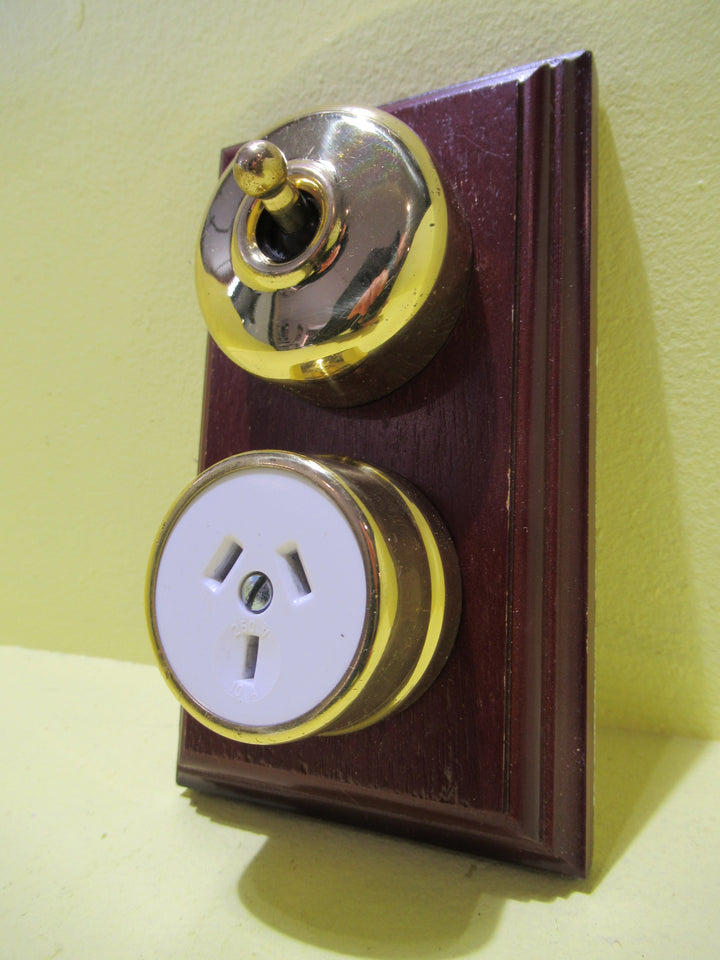 Reproduction Brass Wall Light Switch/Socket on Wood/Custom Board Mount 155L x 90W x 50D