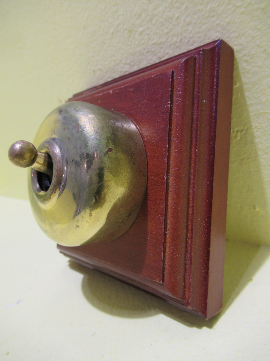 Reproduction Brass Light Switch with Wooden Mount 90Sq x 45H