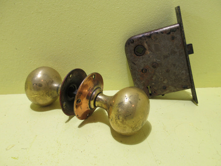 Vintage Brass Round Knob Set with Vintage Mortice Lock 70Dia x 60H
