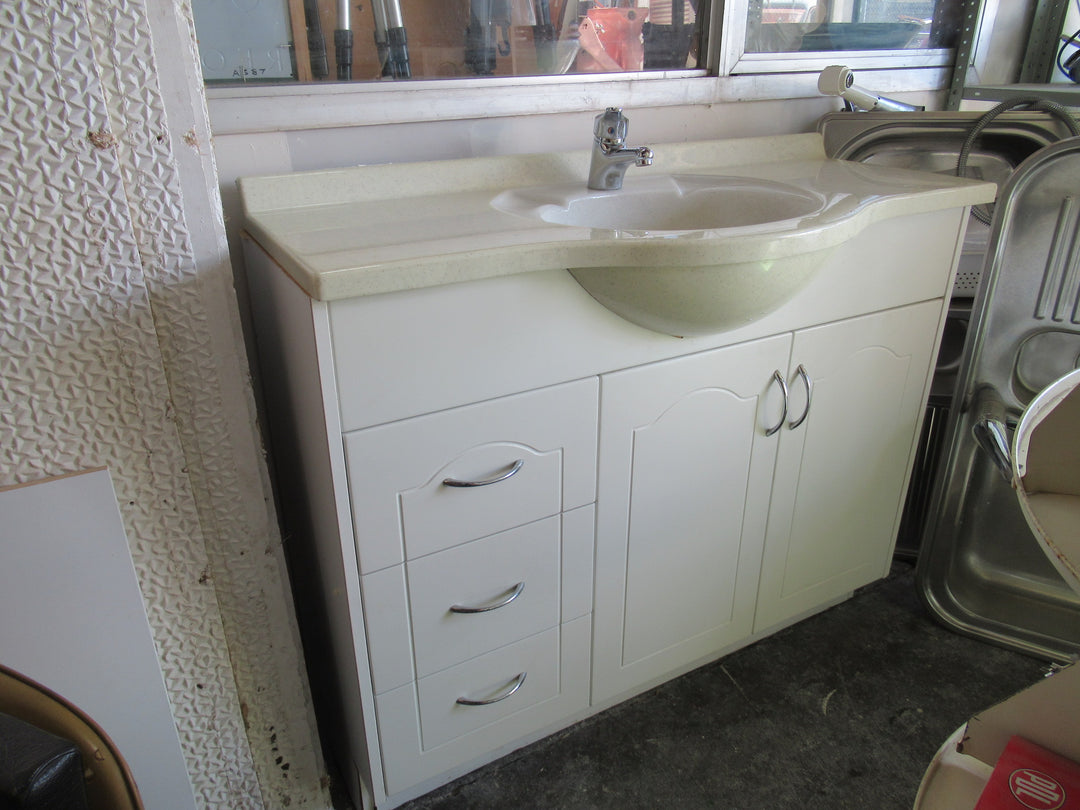 White/Cream Bathroom Vanity with 3 Draws, 2 Cupboard with Methven Mixer Tap 890H x 1010W x 490D