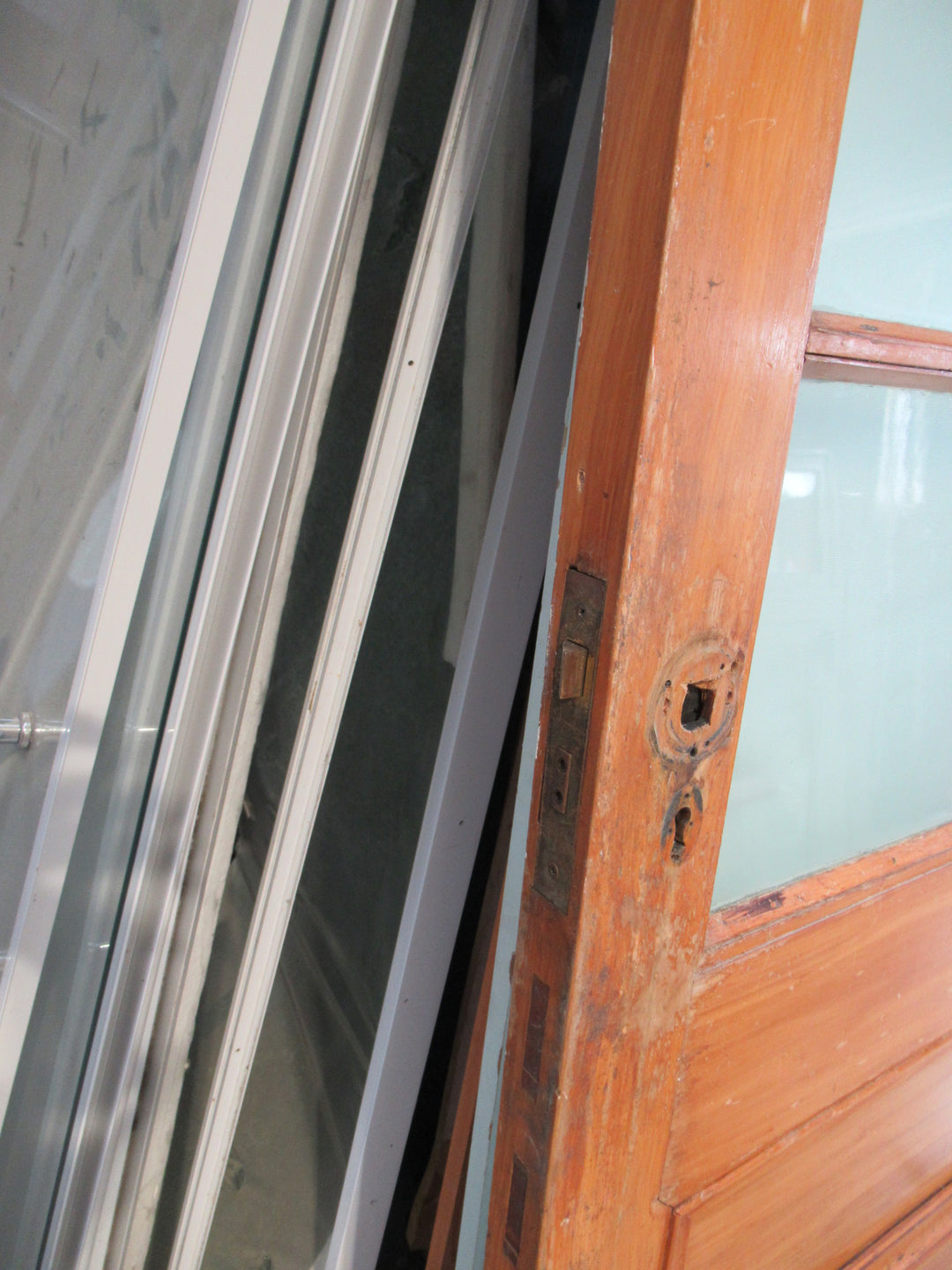 3  lite/2 Panel Native Timber Door with Obscure Glass and Hole for Cat Flap 1970H x 810W x 40D