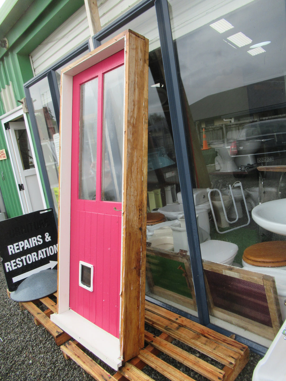 Pink 2 Lite T & G Door with Cat Flap and Frame 2090H x 870W x 175D/Door 1980H x 810W