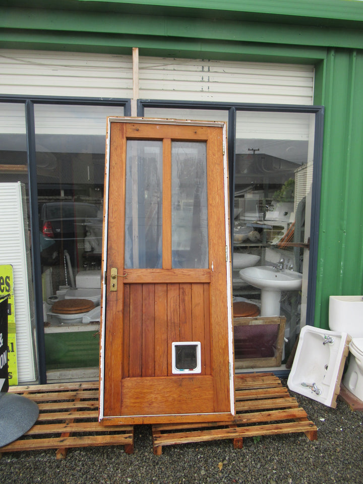 Pink 2 Lite T & G Door with Cat Flap and Frame 2090H x 870W x 175D/Door 1980H x 810W