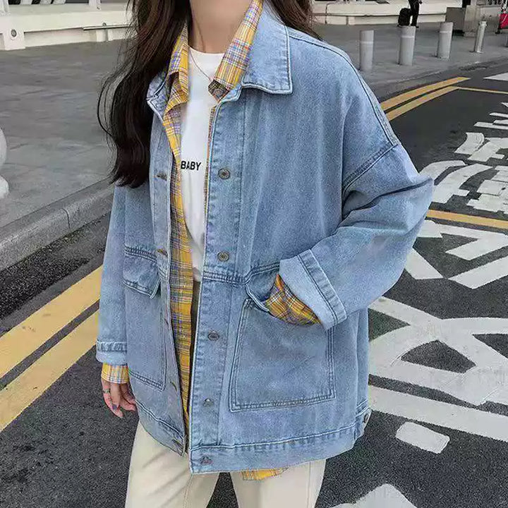 2 colors Women's casual Jean Coats 2023 autumn Women loose Denim Jacket Long Sleeve Loose Female Girls Outwear Oversize (78228)