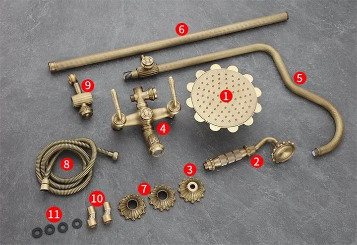 Antique Bronze Carved Bathroom Shower Faucet Set Wall Mounted Bathtub and Shower Faucet Cold & Hot Bath Shower Mixer Tap Brass