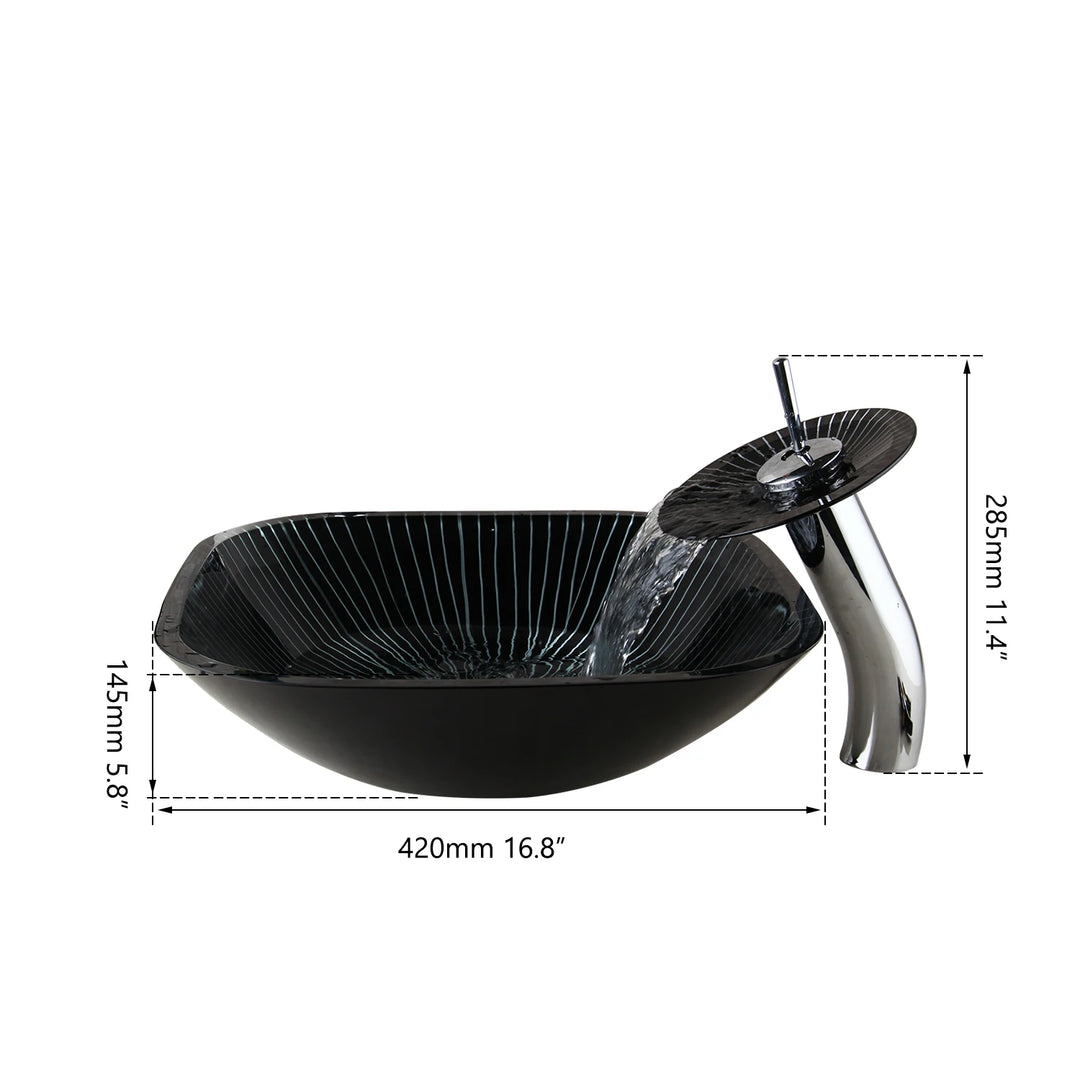 KEMAIDI Black Striped Tempered Glass Vessel Sink Set, Multi-Shape Bathroom Basin with Single-Handle Faucet Deck Mounted Vessel