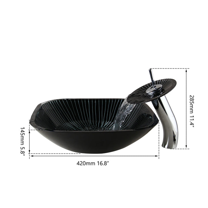 KEMAIDI Black Striped Tempered Glass Vessel Sink Set, Multi-Shape Bathroom Basin with Single-Handle Faucet Deck Mounted Vessel